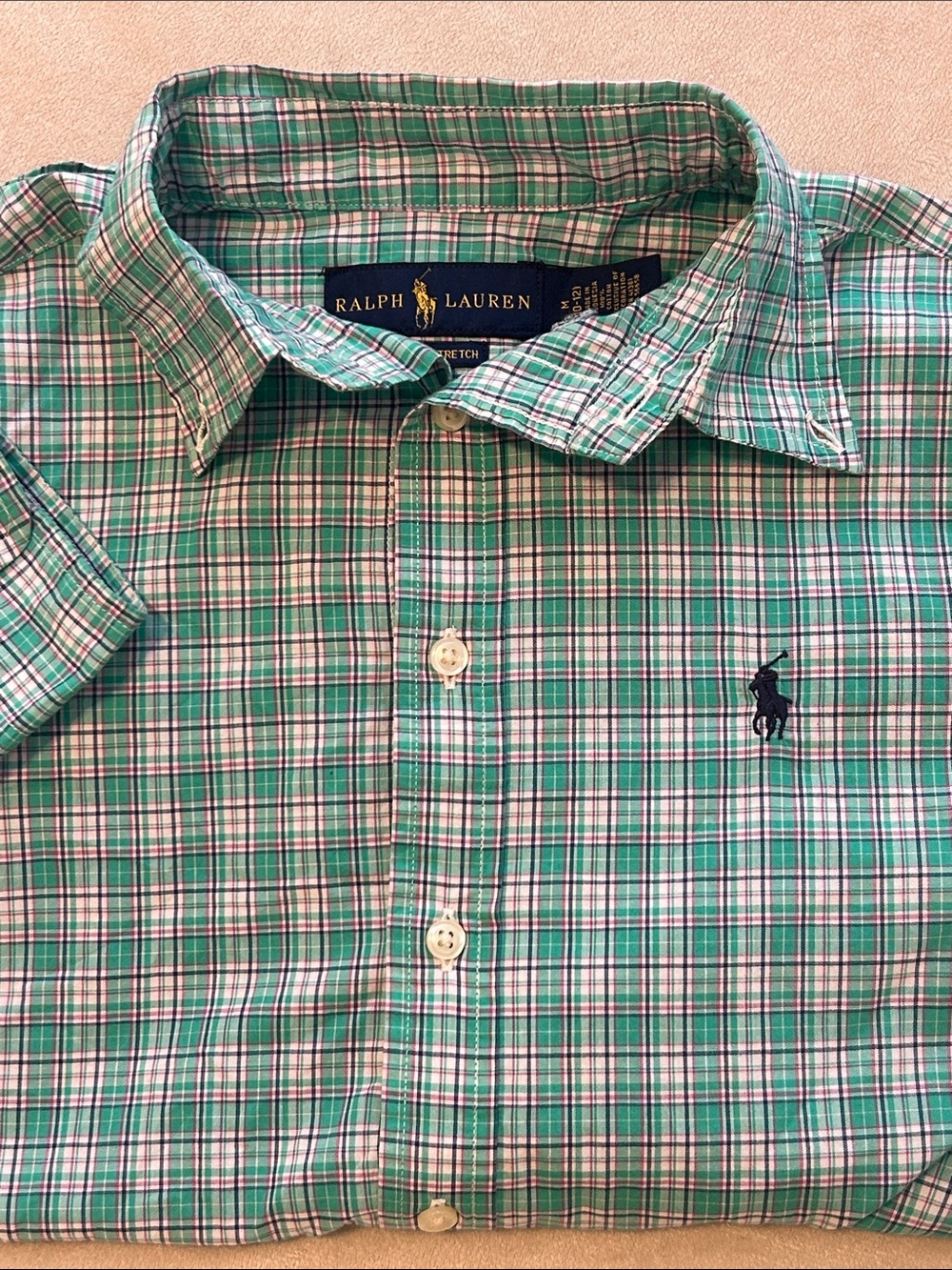 Polo Ralph Lauren Boys Green Plaid Stretch Button Down Dress Shirt M 10-12